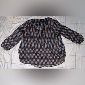 Lucky Brand Blouse M Blue Red Beige Ikat Print crop  Sleeve Peasant Top M Medium
